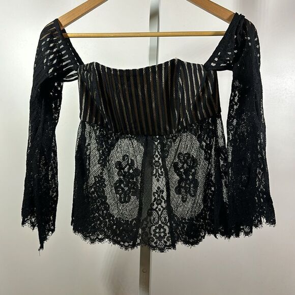 STONE COLD FOX Women's Sheer Floral Lace Off Shoulder Corset Top Black Size 1 - Picture 3 of 16